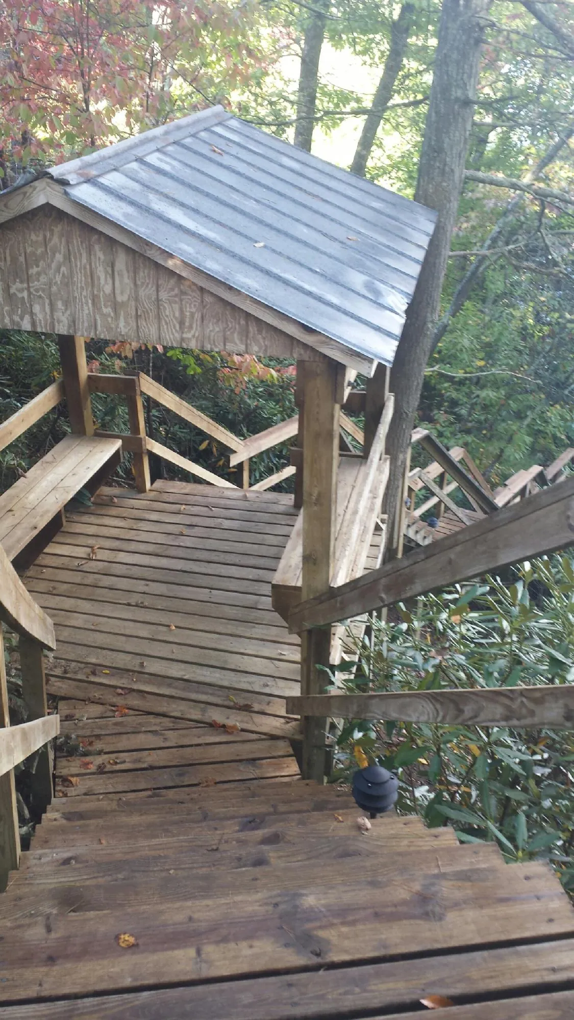 Metal roofed shelter over wooden steps on a wooded walkway — Skylight Repair & Installation work by our crew in Clear Brook